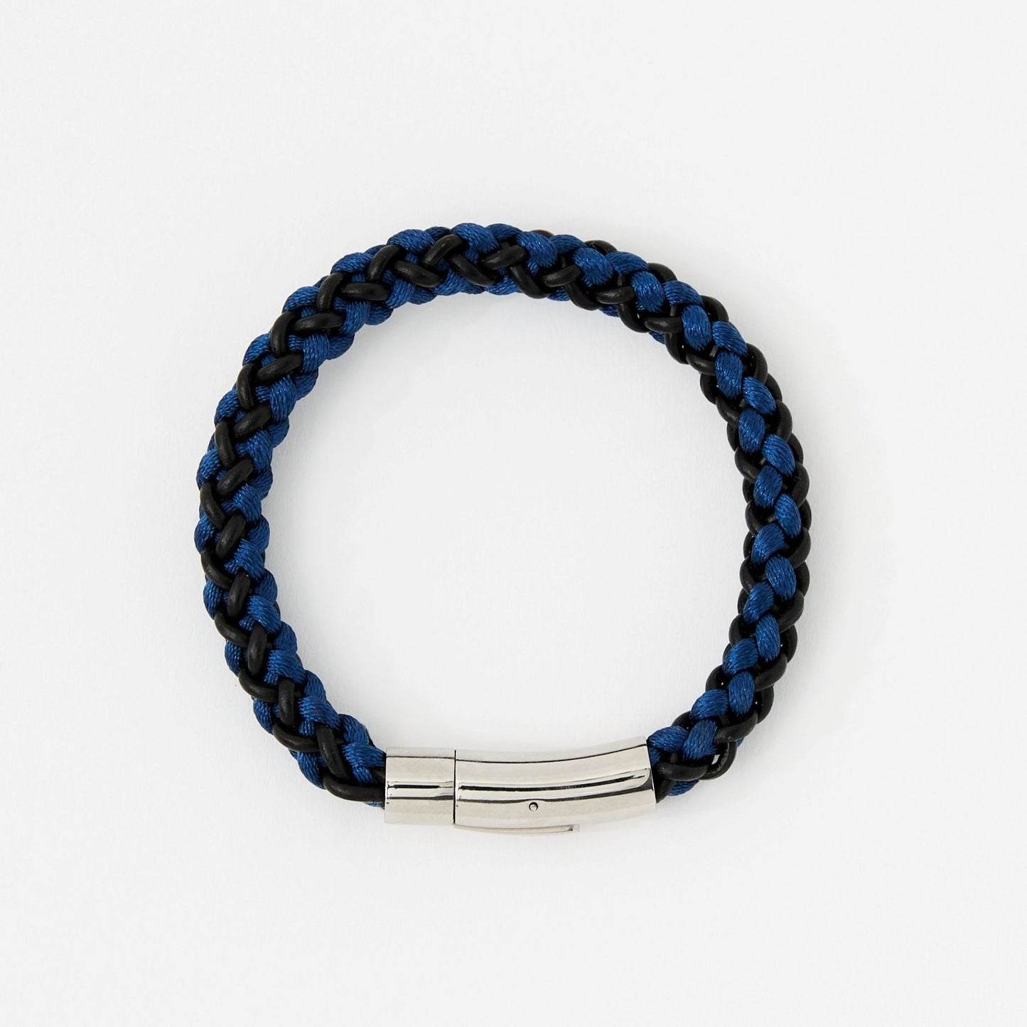 Braided blue and black bracelet with a silver clasp on a white background