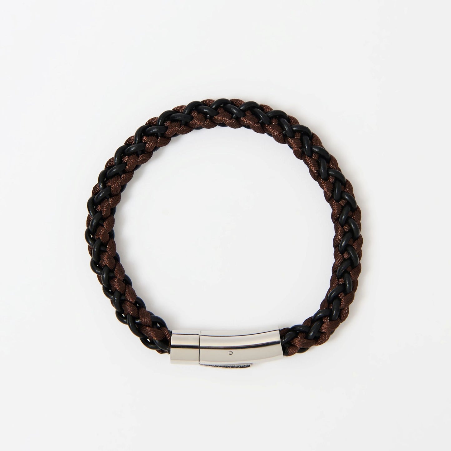 Brown braided bracelet with a silver clasp on a white background