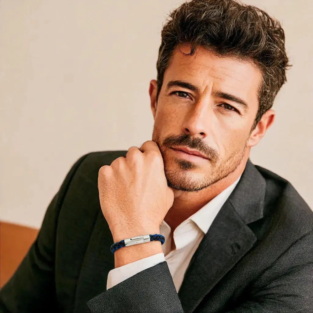 Man wearing handmade leather bracelet