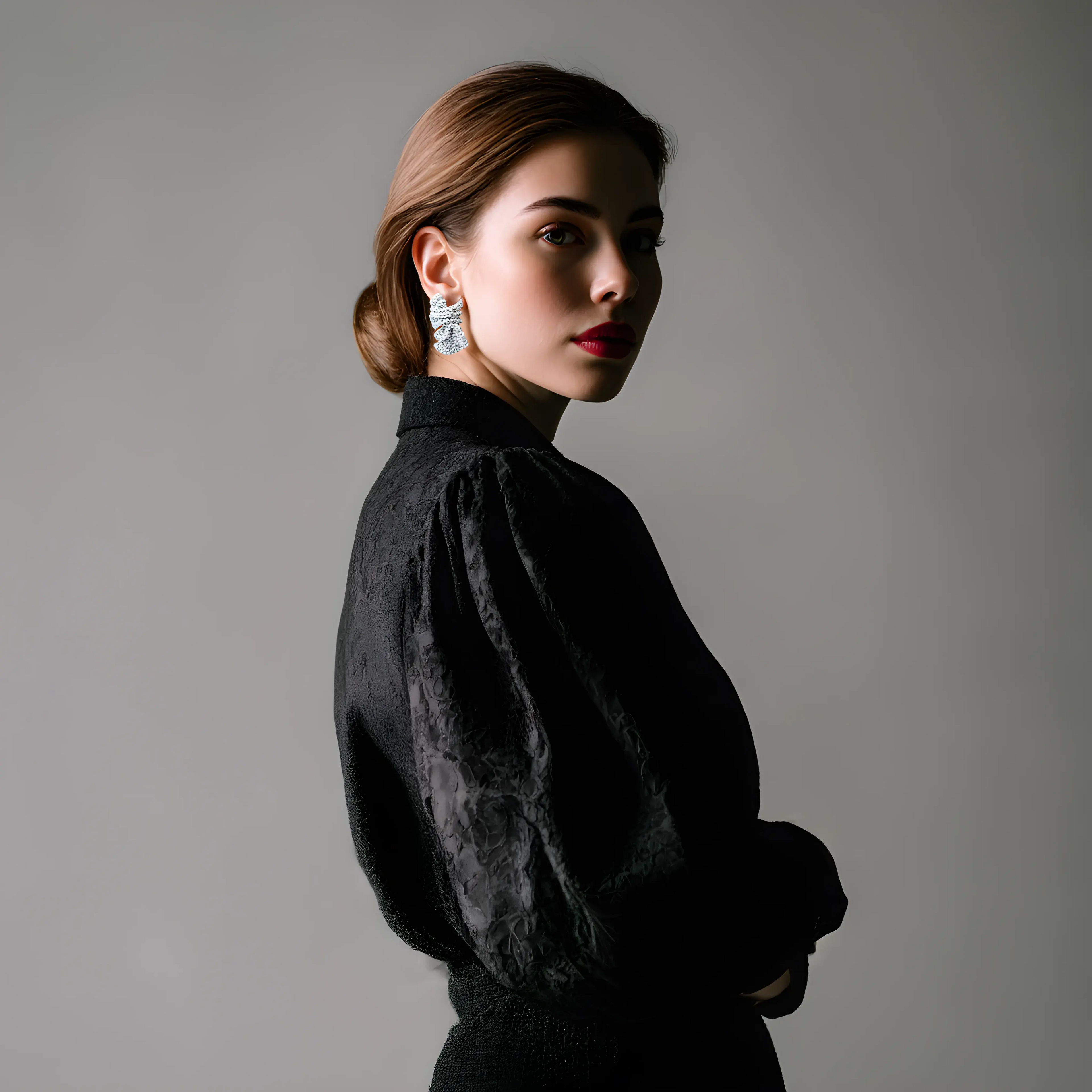 Young woman wearing sculptural earrings