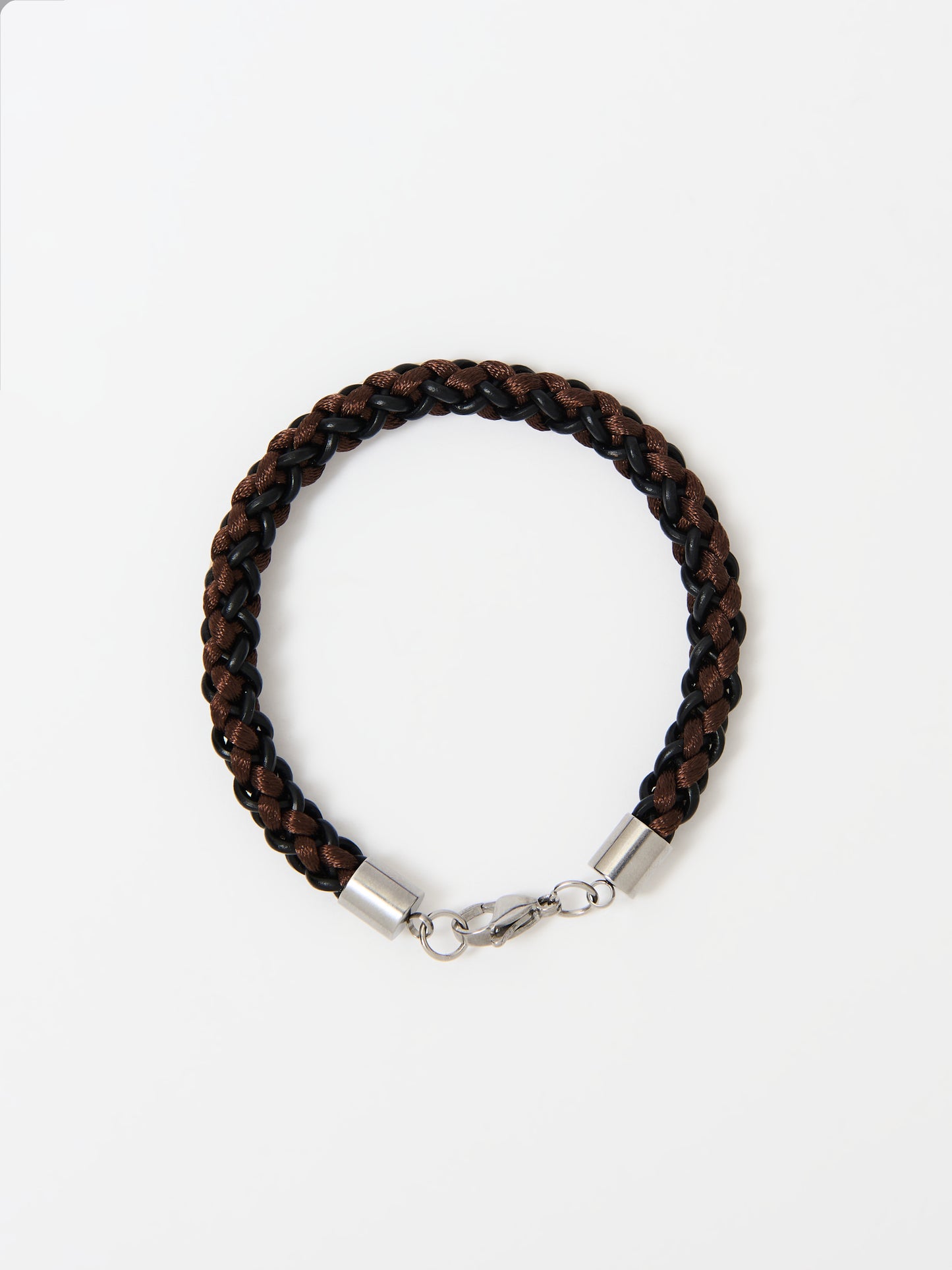 Close-up of a braided bracelet featuring intertwined brown and black materials with stainless steel lobster clasp, displayed on a white background.