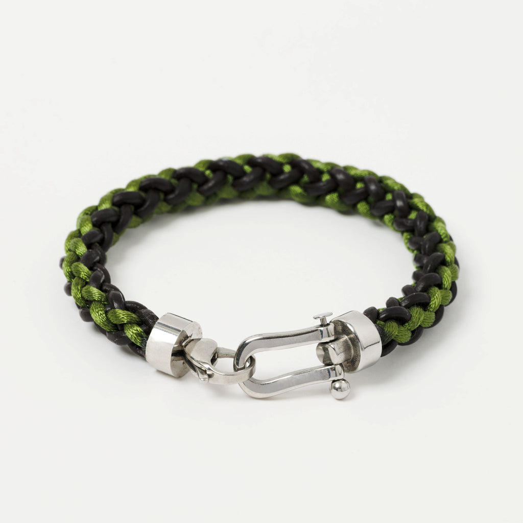 The Hale - Men's Braided Leather Bracelet, Silver Shackle Clasp
