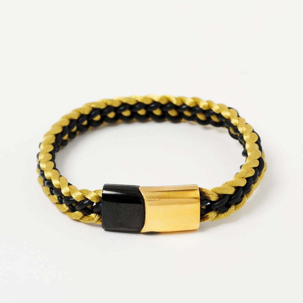 The Ashby Braided Leather Bracelet - Black & Gold, Front View - Lodorfo