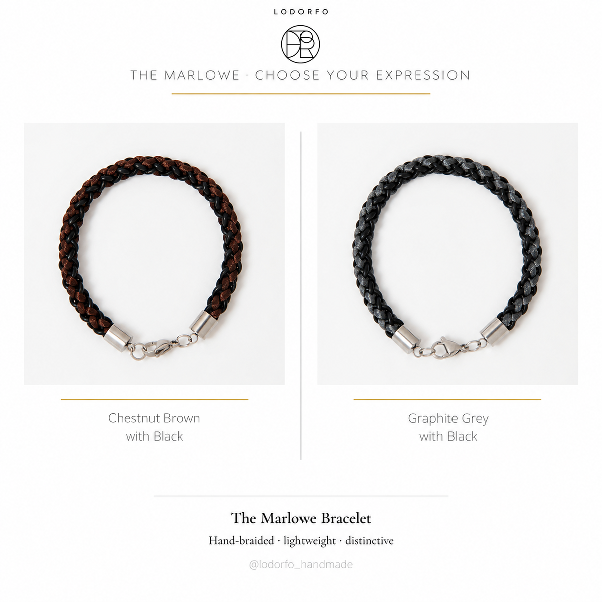 The Marlowe men's braided leather bracelet with lobster clasp in two colours: Chestnut Brown with Black and Graphite Grey with Black