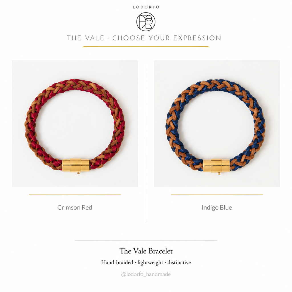 The Vale men's braided leather bracelet with gold magnetic clasp in two colours: Crimson Red and Indigo Blue