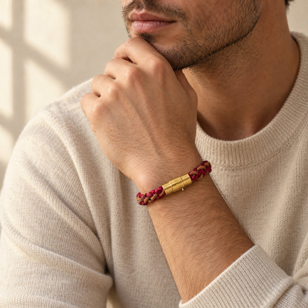 The Vale men's braided leather bracelet in Crimson Red with a gold magnetic clasp, worn with the hand raised to the chin