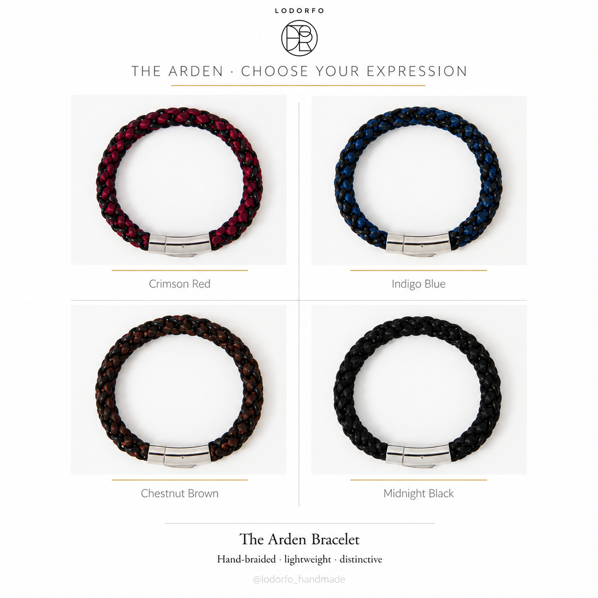 The Arden men's braided leather bracelet with magnetic clasp in four colours: Indigo Blue, Midnight Black, Chestnut Brown and Crimson Red