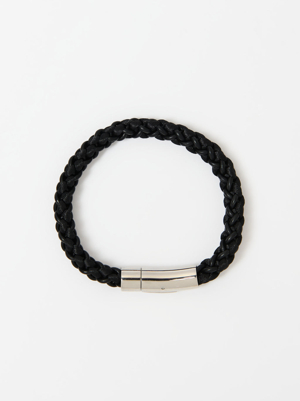 Full-frame view of the Arden Midnight Black braided leather bracelet with a polished silver magnetic clasp, laid flat
