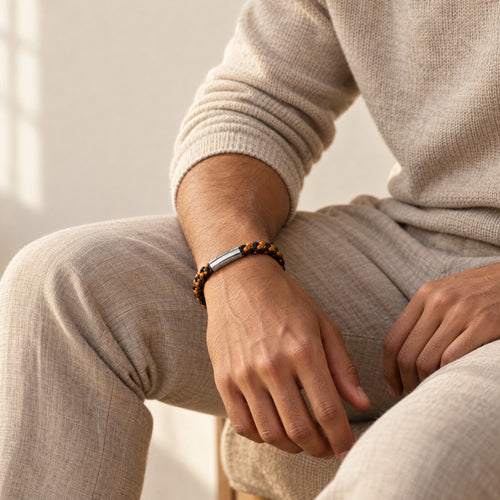 The Soren men's braided leather bracelet in Chestnut Brown with Burnt Amber, polished silver magnetic clasp, worn seated with the forearm resting on the knee