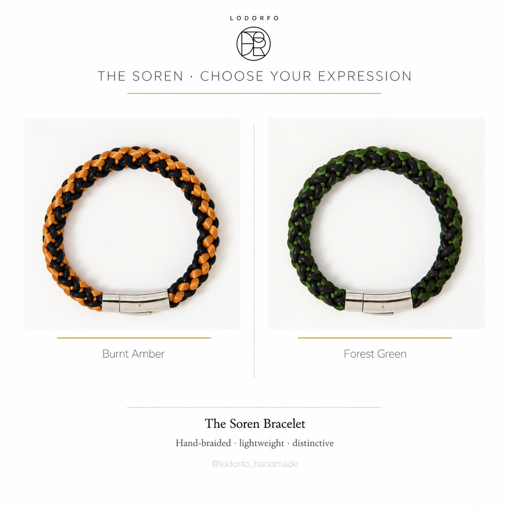 The Soren men's braided leather bracelet with magnetic clasp in two colours: Burnt Amber and Forest Green