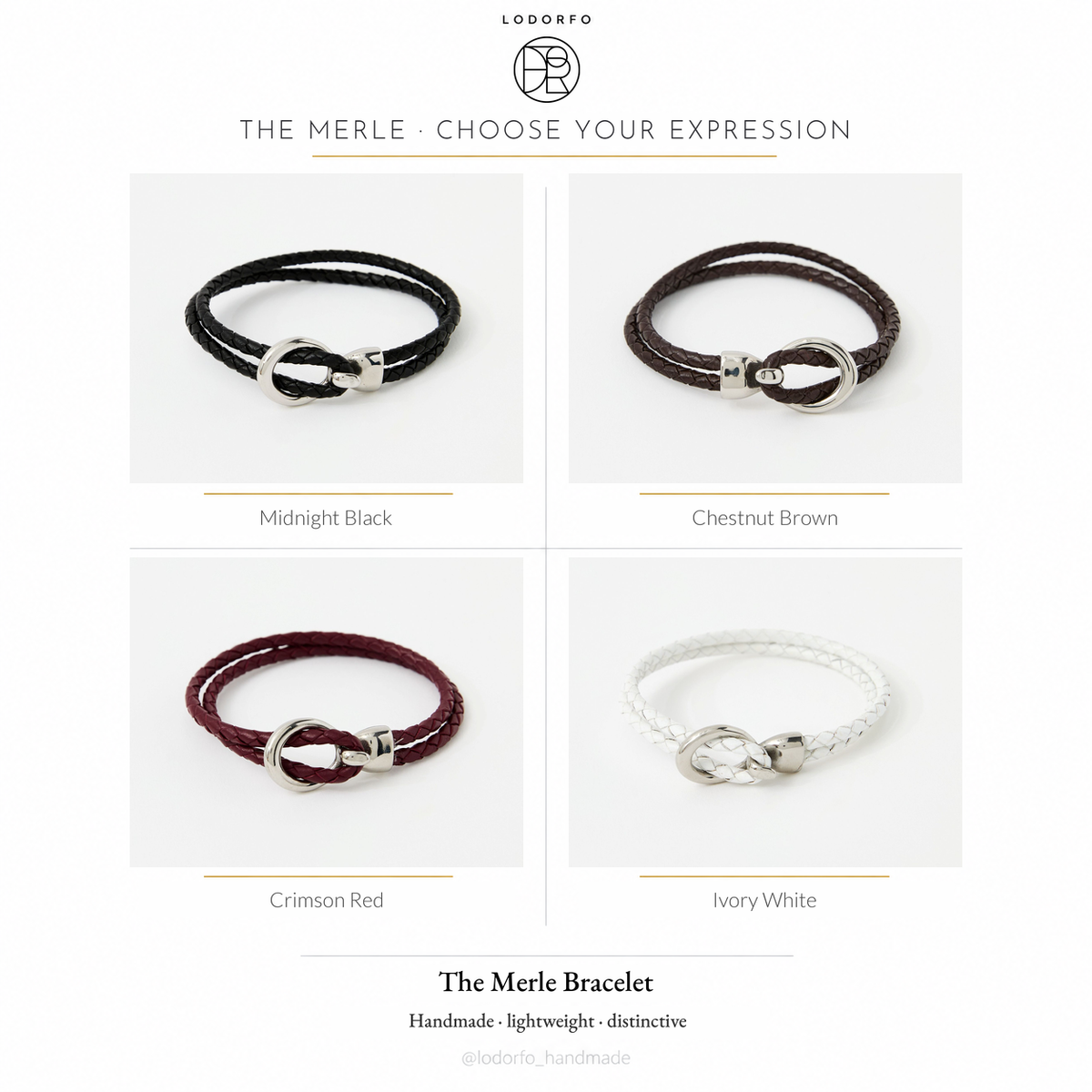 The Merle double-wrap braided leather bracelet in four colours: Midnight Black, Chestnut Brown, Crimson Red and Ivory White