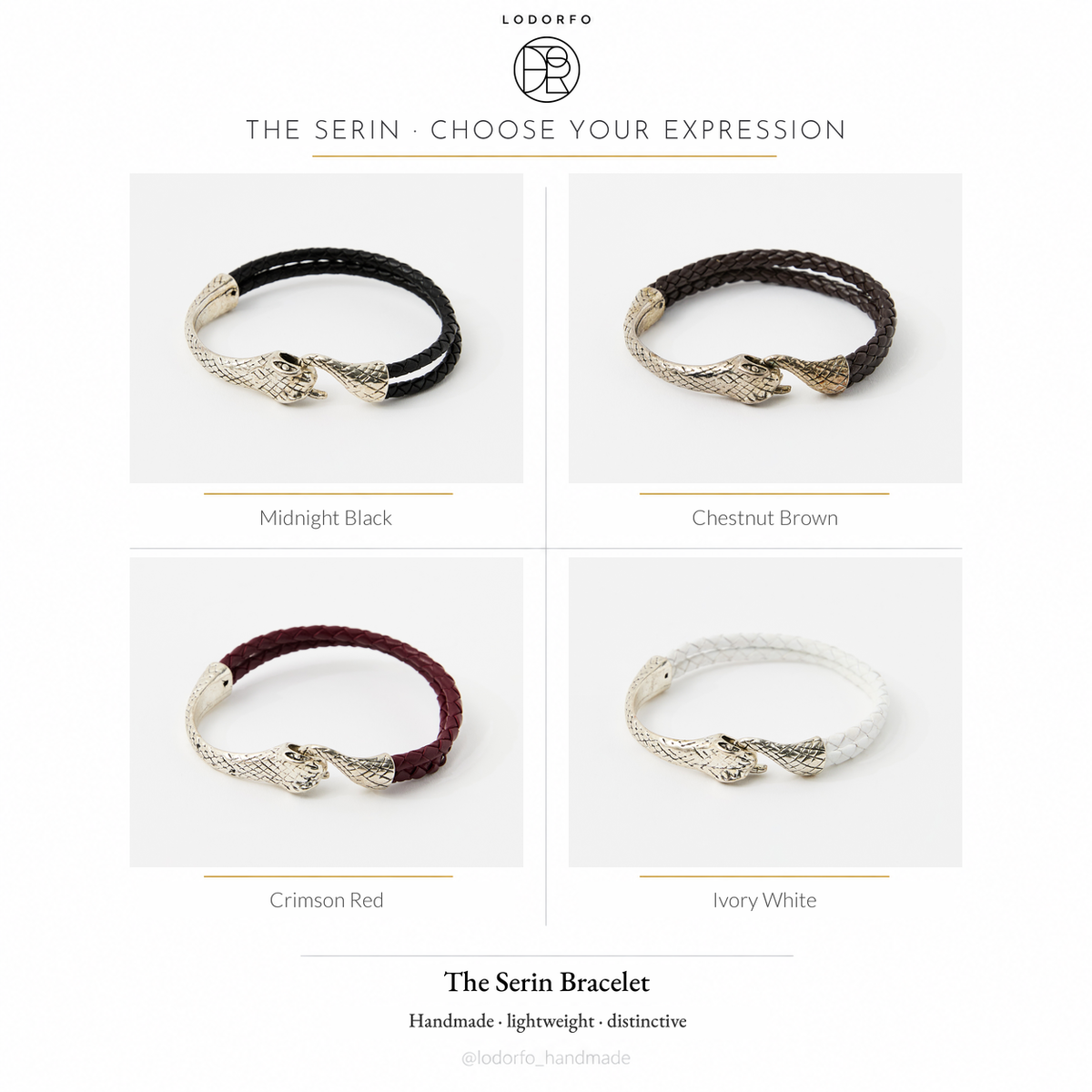 The Serin leather bracelet with sculptural snake clasp in four colours: Midnight Black, Chestnut Brown, Crimson Red and Ivory White