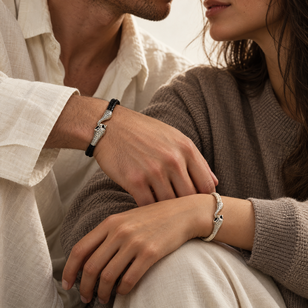 The Serin leather bracelet in Midnight Black with a sculptural silver snake clasp, worn by a couple with wrists together - Lodorfo