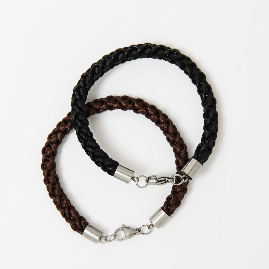 Braided Leather & Satin Bracelet – Brown or Black, Handmade Gift for Him