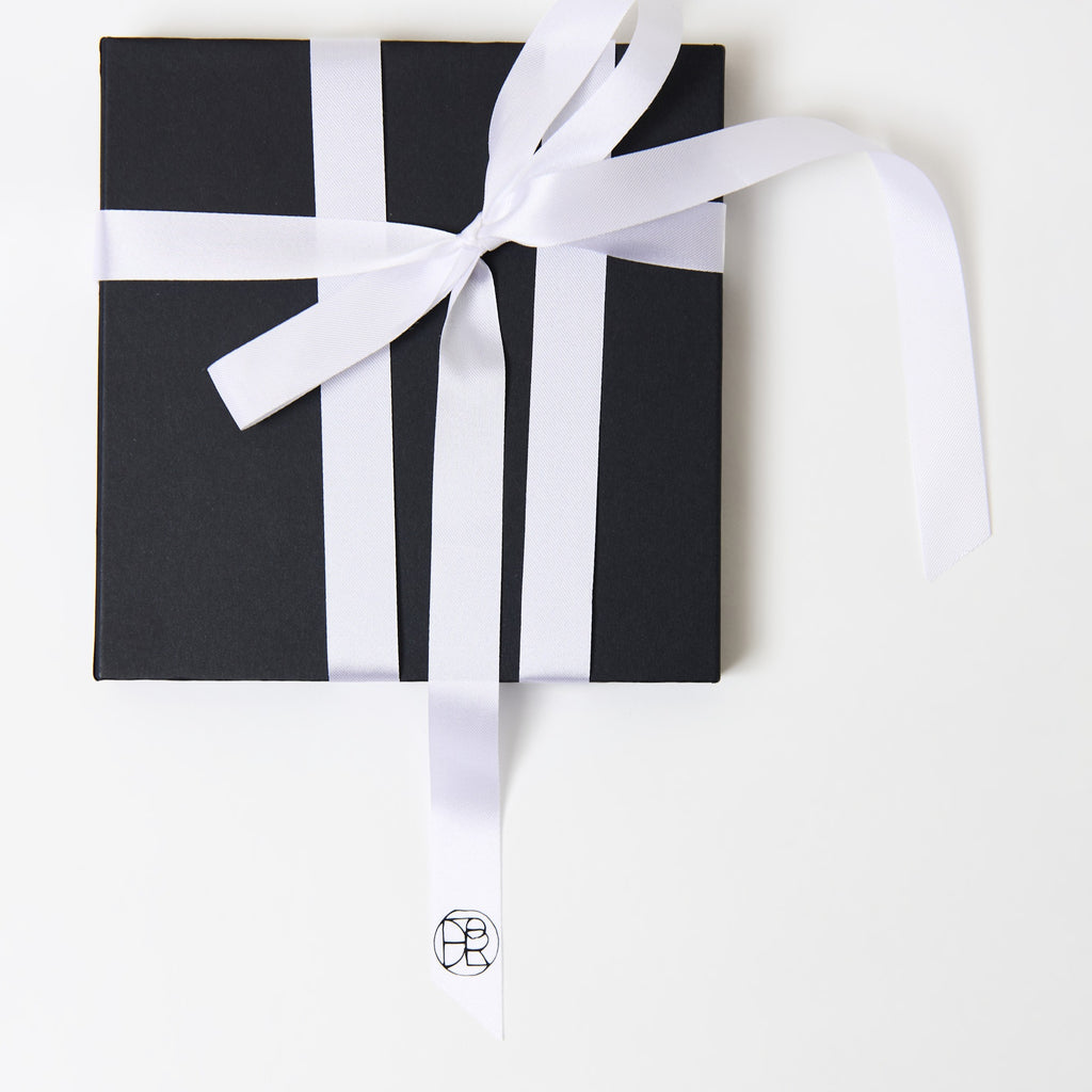 LODORFO black gift box with white ribbon, laid flat
