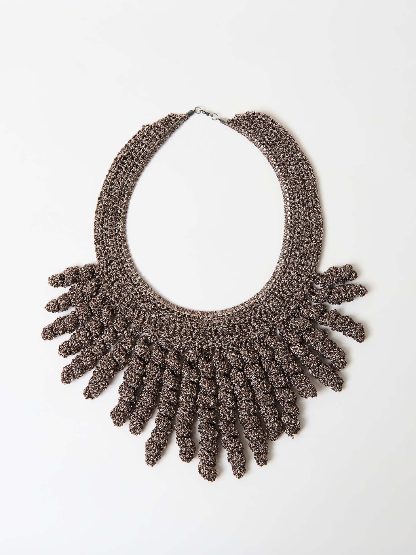 Frilled copper statement necklace with metallic silver accents.