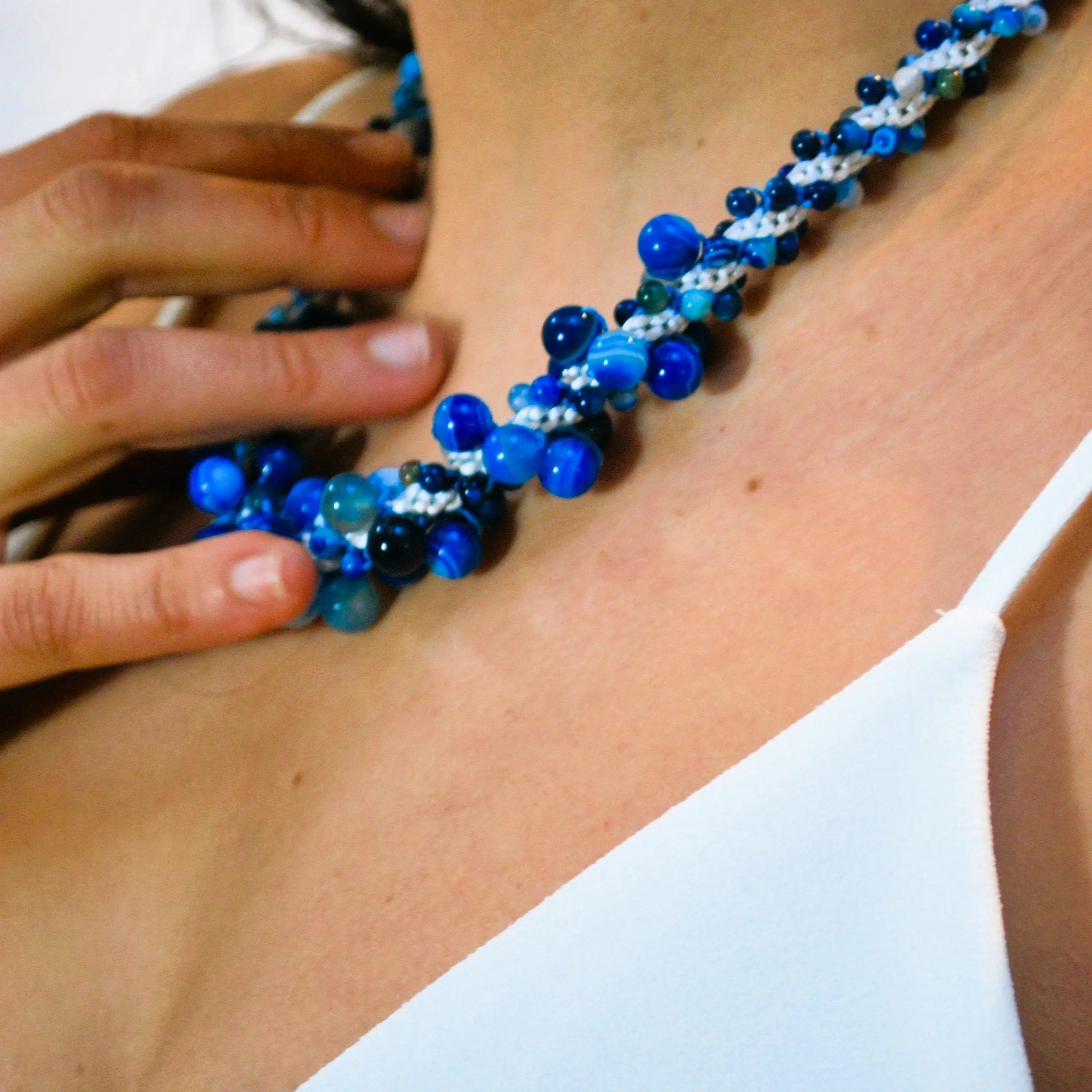 Gemstone Necklace Gift for Her - Blue Agate Beaded Necklace Anniversary | Lodorfo Lodorfo