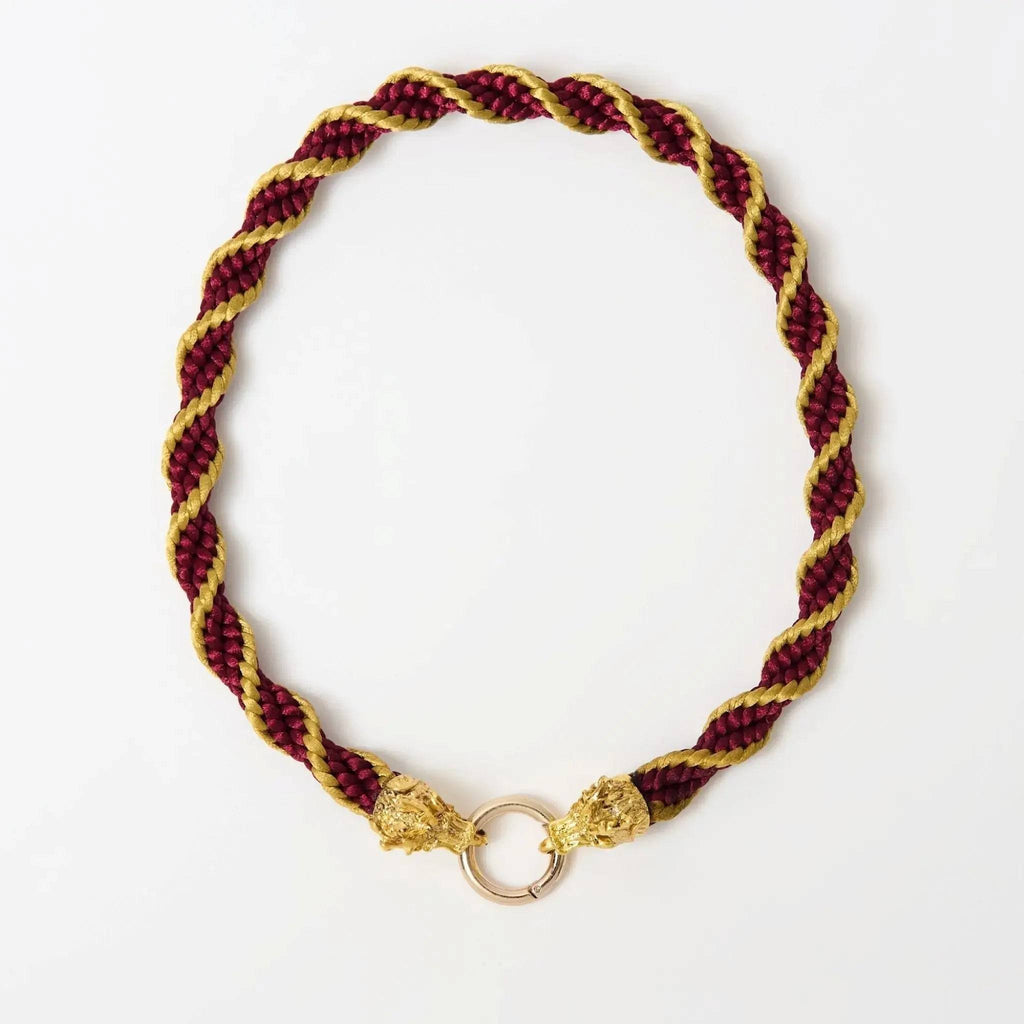 Top view of statement necklace with satin braided cord, and finished with dragon head clasp, handmade UK