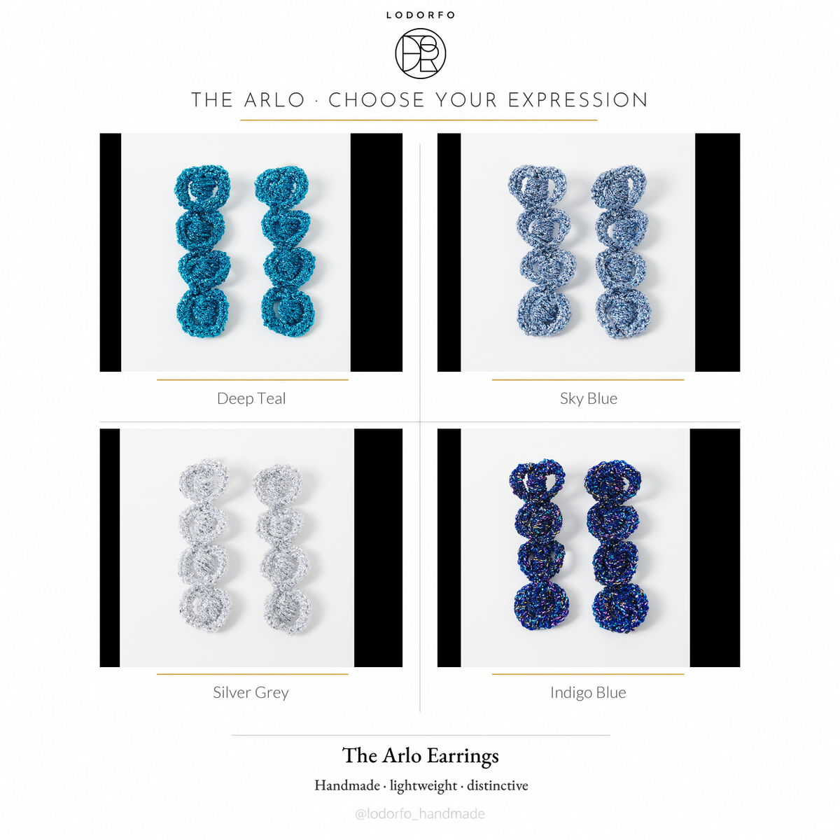 The Arlo sculptural loop earrings in four colours: Deep Teal, Sky Blue, Silver Grey and Indigo Blue