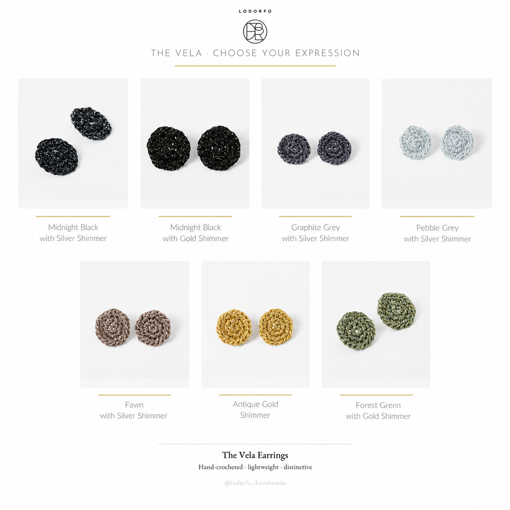 The Vela crocheted disc earrings in seven colours: Midnight Black with Silver Shimmer, Midnight Black with Gold Shimmer, Graphite Grey with Silver Shimmer, Pebble Grey with Silver Shimmer, Fawn with Silver Shimmer, Antique Gold Shimmer and Forest Green with Gold Shimmer