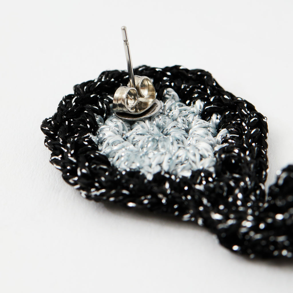 The Noire crochet drop earrings with a silver-grey centre, back view with stud - Lodorfo