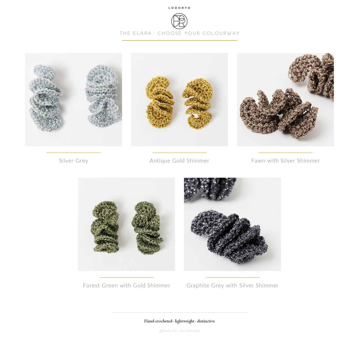 The Elara spiral drop earrings, all five colourways: Silver Grey, Antique Gold Shimmer, Fawn, Forest Green and Graphite Grey - Lodorfo