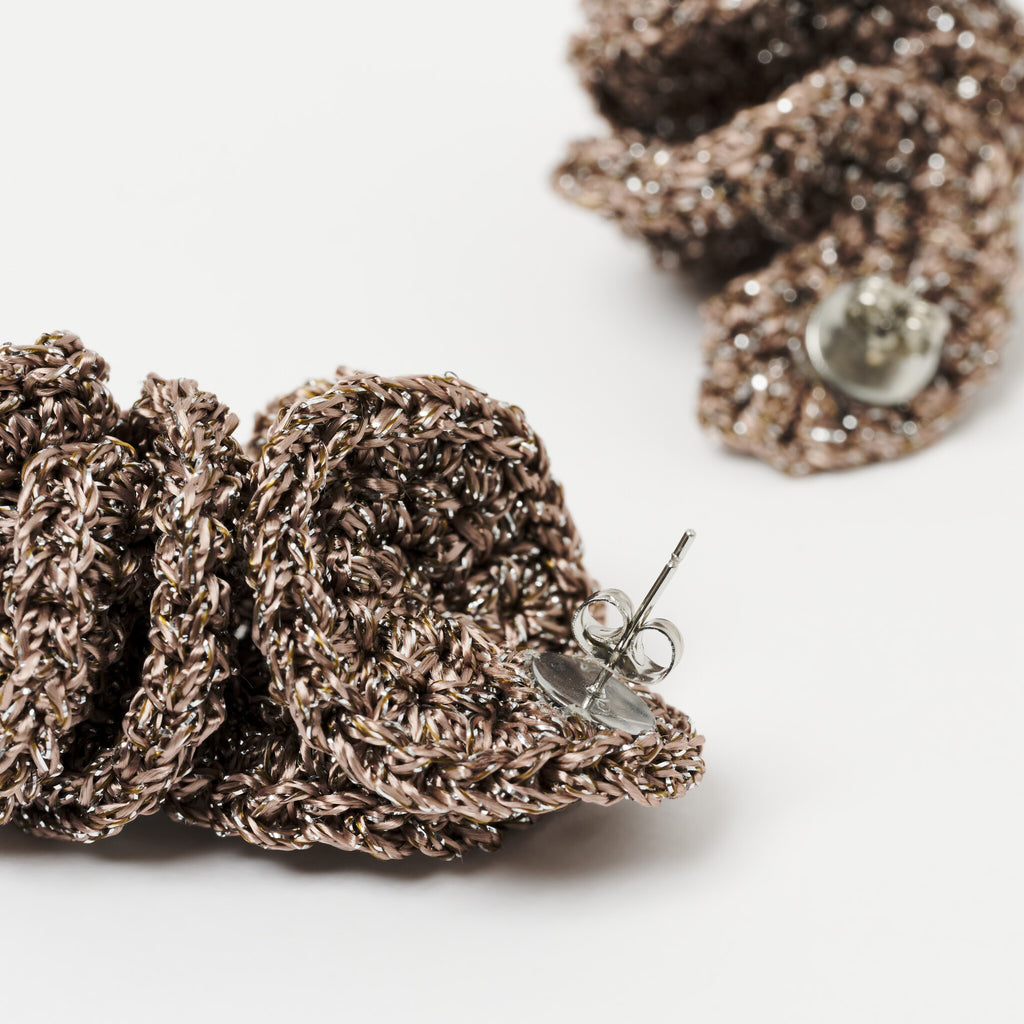 The Elara spiral drop earrings in Fawn with silver shimmer, back view with stainless steel stud - Lodorfo