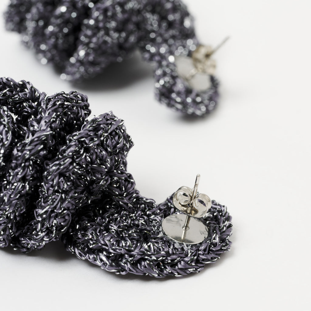 The Elara spiral drop earrings in Graphite Grey with silver shimmer, back view with stainless steel stud - Lodorfo