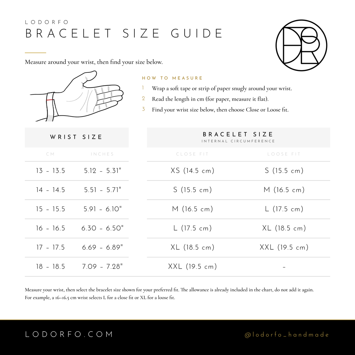 LODORFO bracelet size guide: wrist size to bracelet size chart