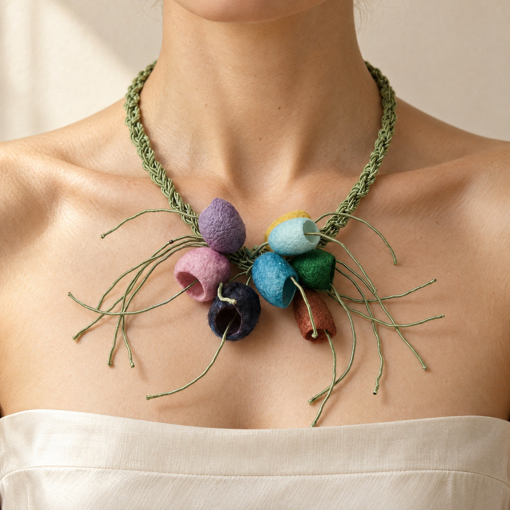 Woman wearing the Luma multicolour silk cocoon necklace on a sage green plaited cord, handmade UK - Lodorfo