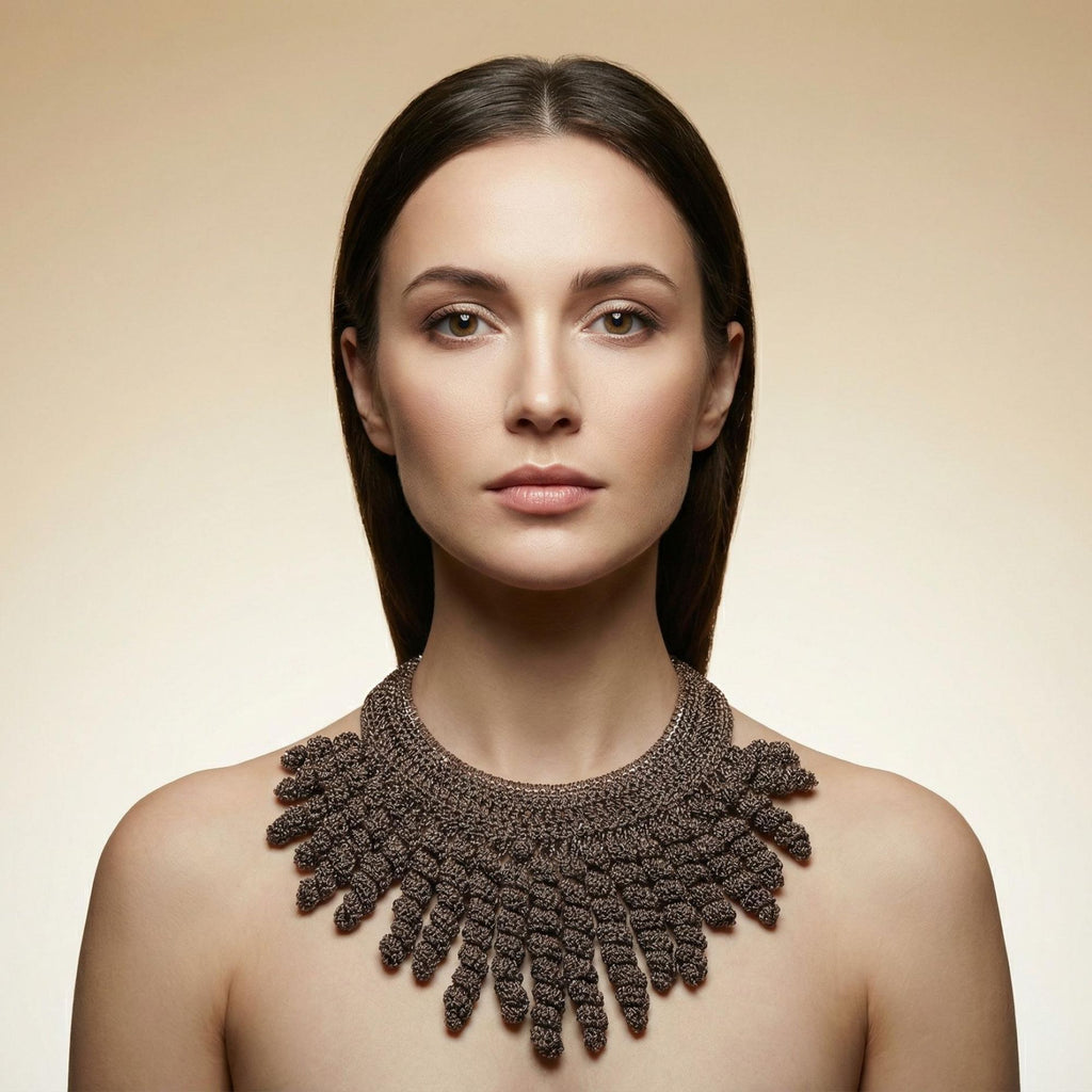 Woman with her hair back wearing the Thorne taupe bronze crochet collar necklace with spiral fringe - Lodorfo