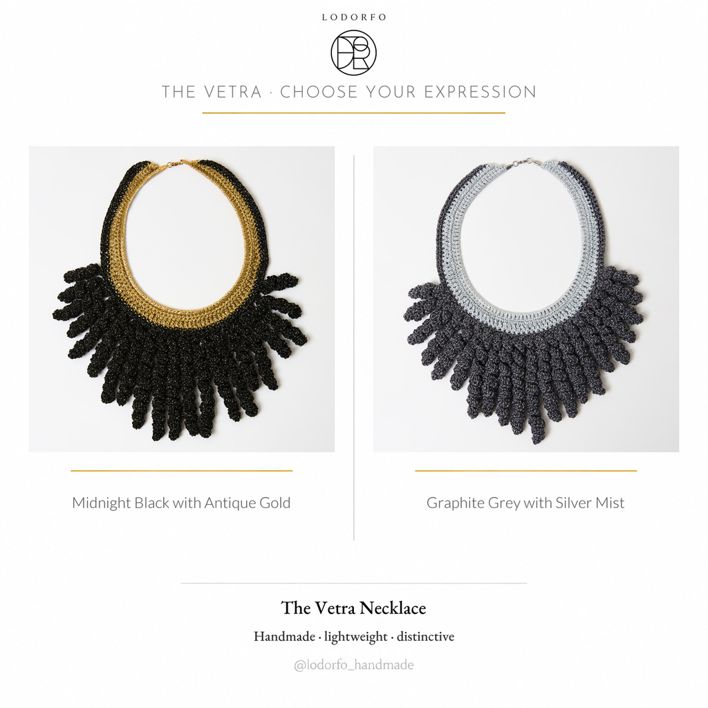The Vetra statement collar necklace in two colours: Midnight Black with Antique Gold and Graphite Grey with Silver