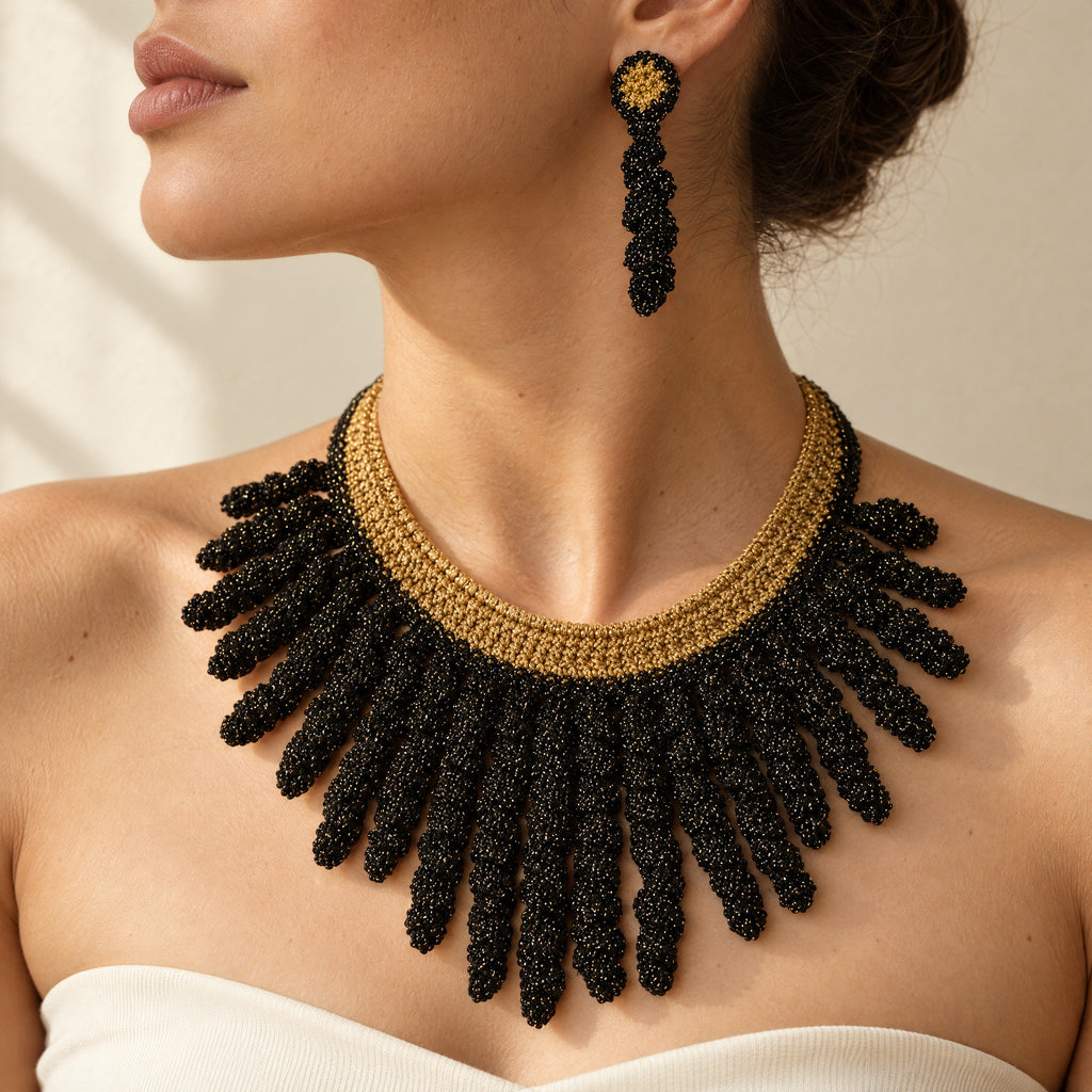 Woman wearing the Vetra black and antique gold crochet collar necklace with Noire gold drop earrings, handmade UK - Lodorfo