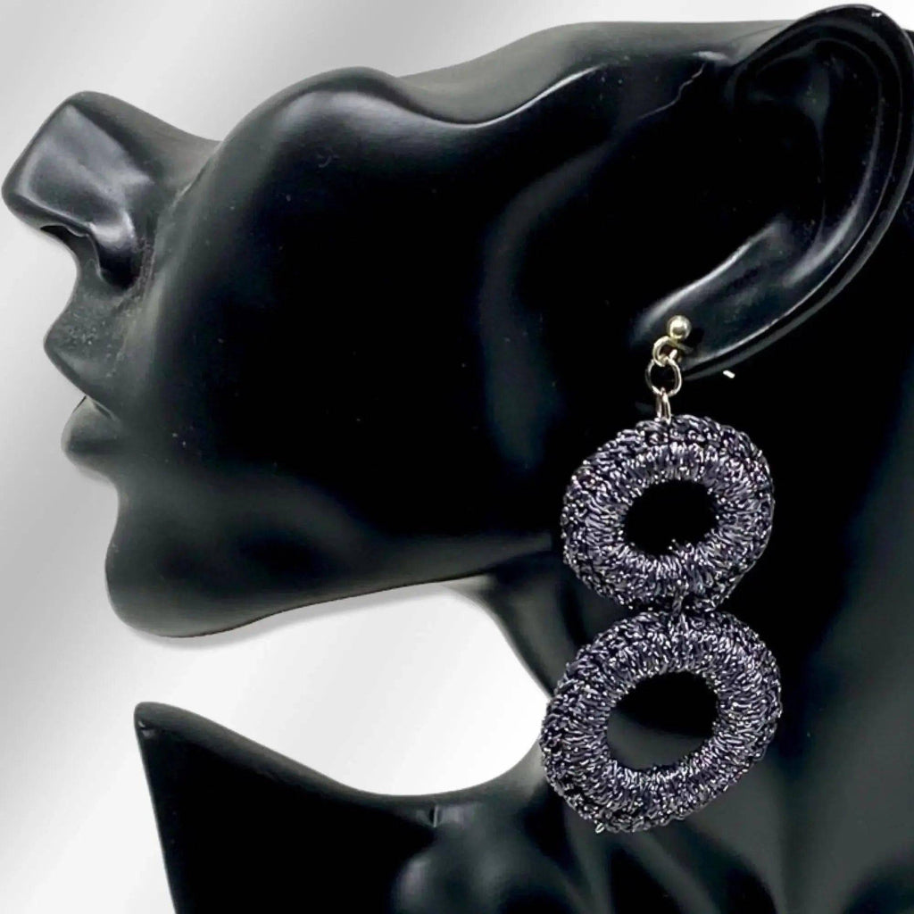 Grey boho ring earrings, handmade textile statement jewellery, UK