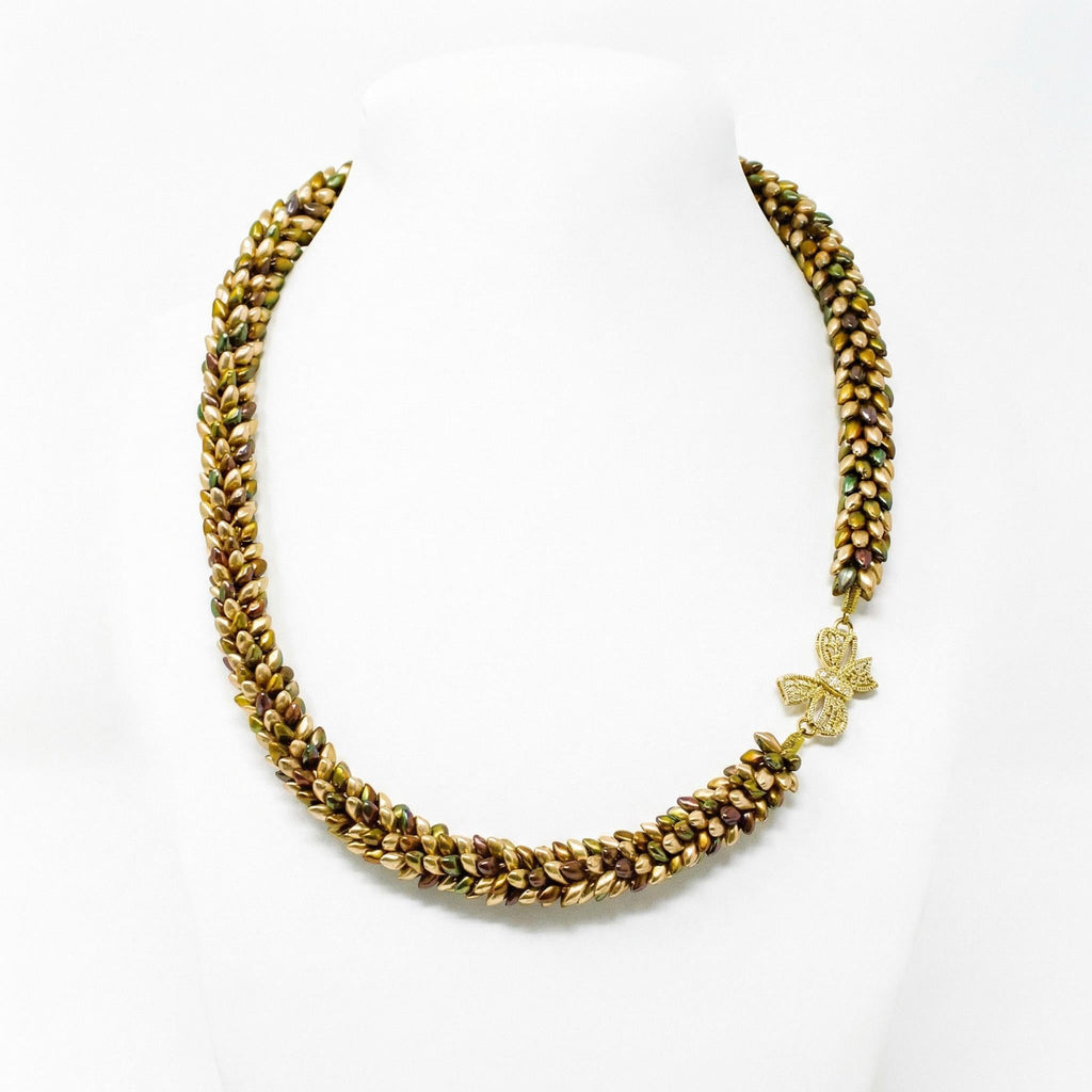The Maris Beaded Necklace, Magatama Beads, Gold Tones - Lodorfo
