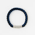 Blue and black braided leather bracelet with silver clasp, men's accessory