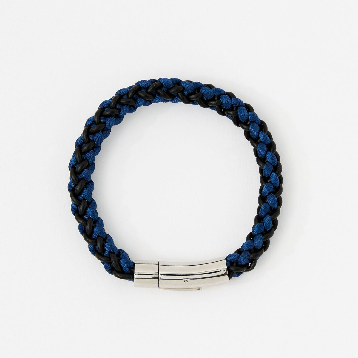 Braided blue and black bracelet with a silver clasp on a white background