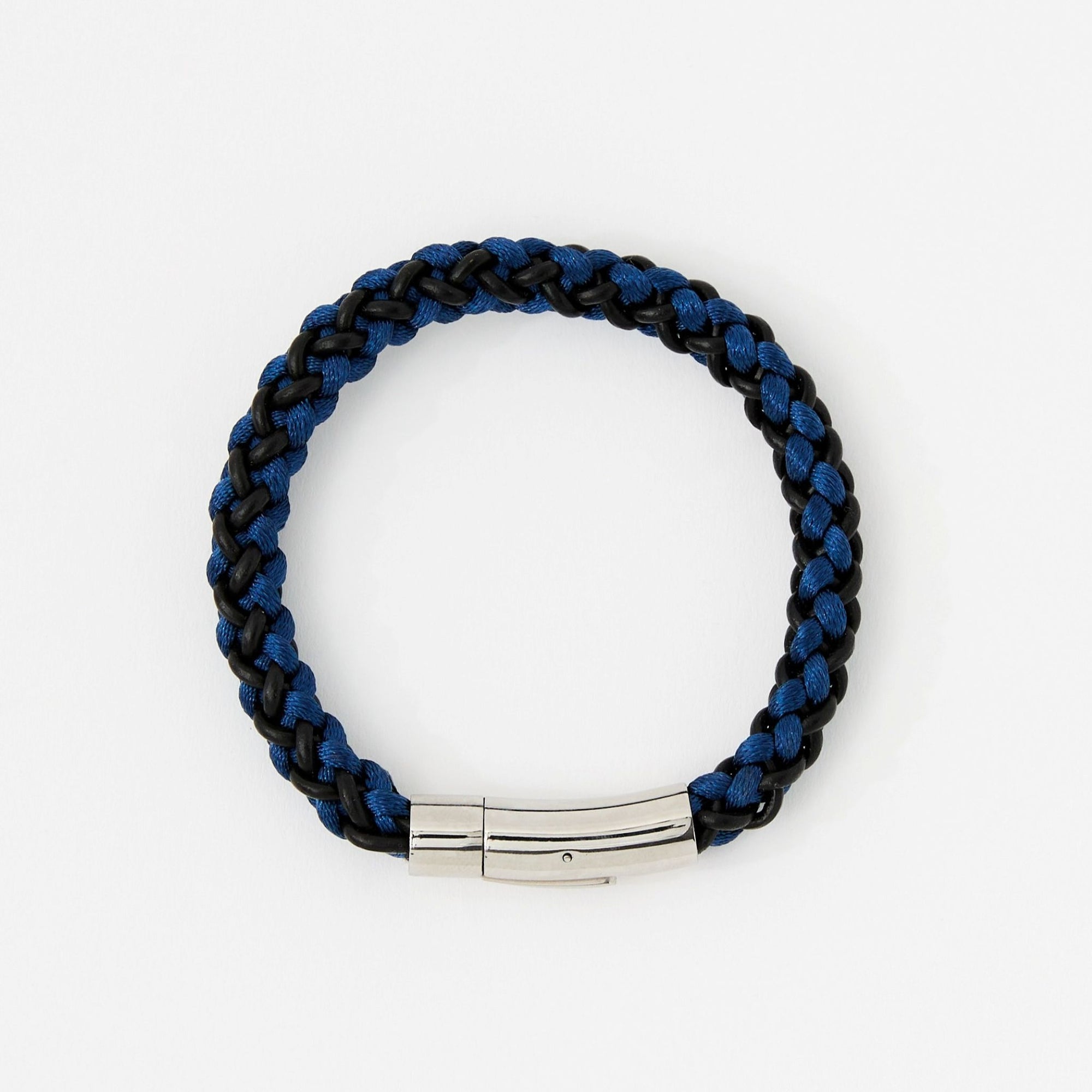 Braided blue and black bracelet with a silver clasp on a white background