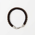 Braided men’s bracelet in dark brown and black leather with stainless steel lobster clasp — sleek, durable accessory for everyday or business casual wear.