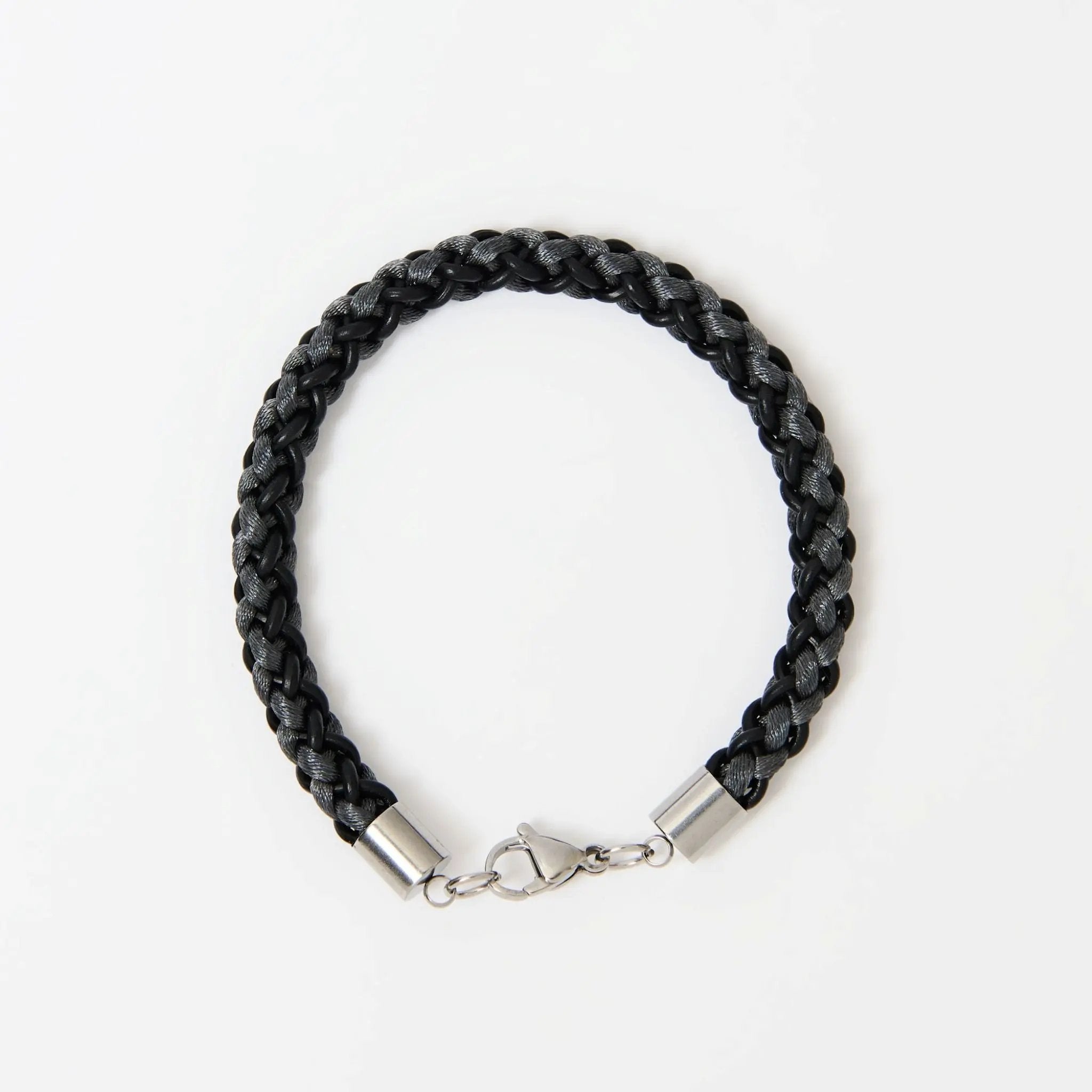 Men’s grey and black braided leather bracelet with silver lobster clasp — handcrafted masculine accessory, perfect gift for him.
