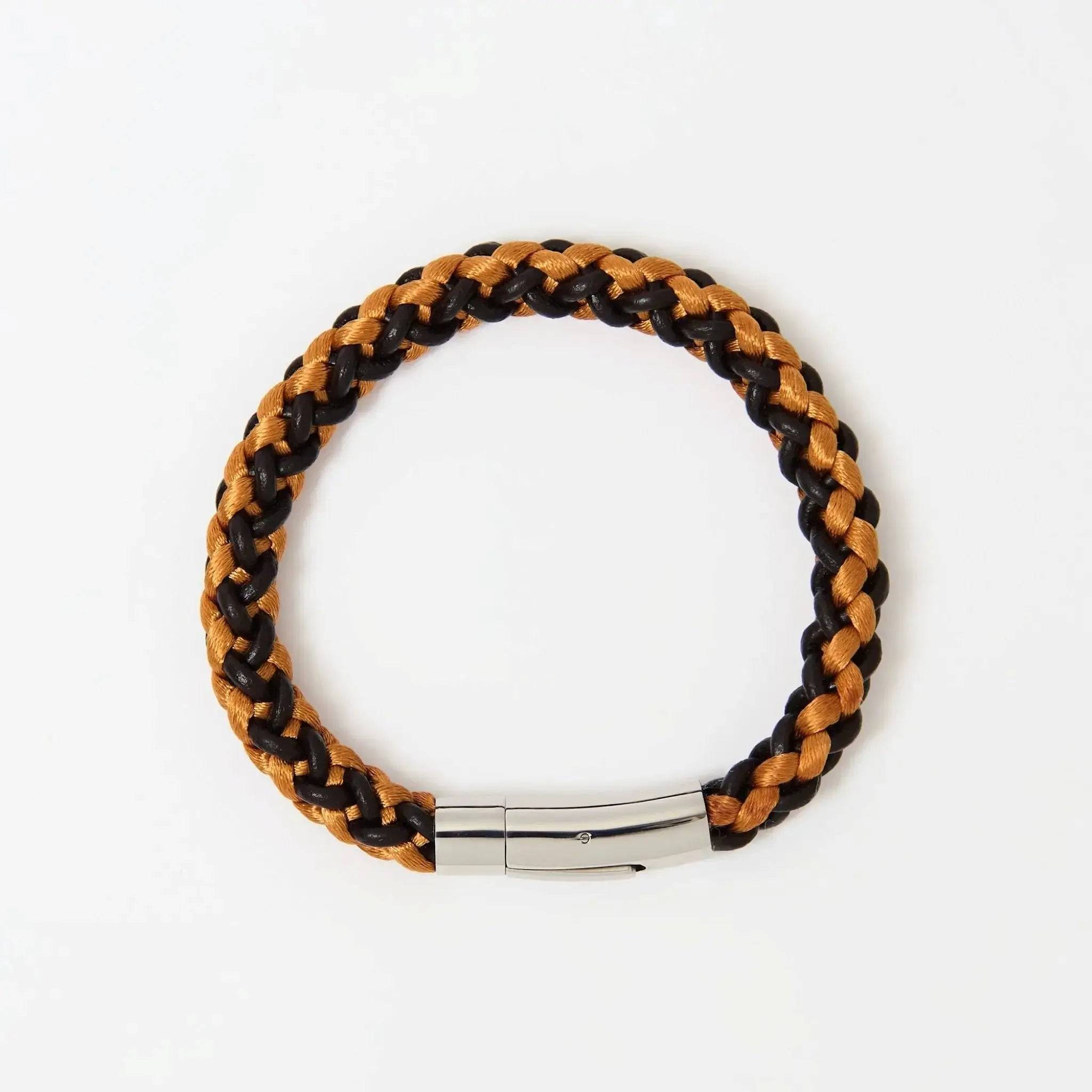 Braided brown leather bracelet with customisable accents, handmade UK