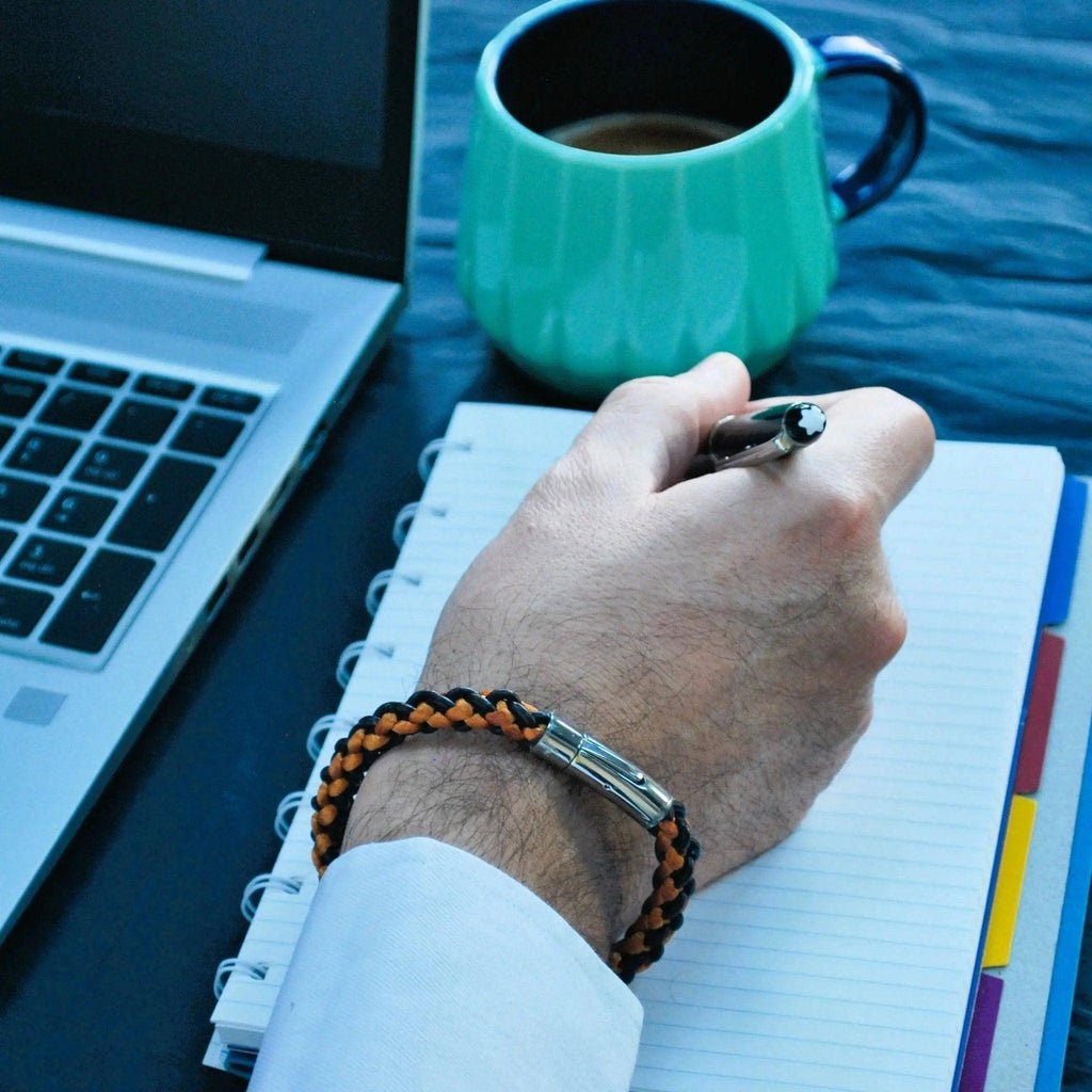 Braided brown leather bracelet with customisable accents, handmade UK