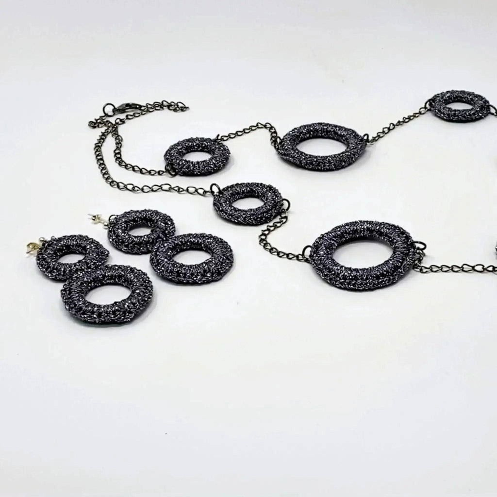 Handcrafted charcoal rings necklace and matching earrings, contemporary jewellery