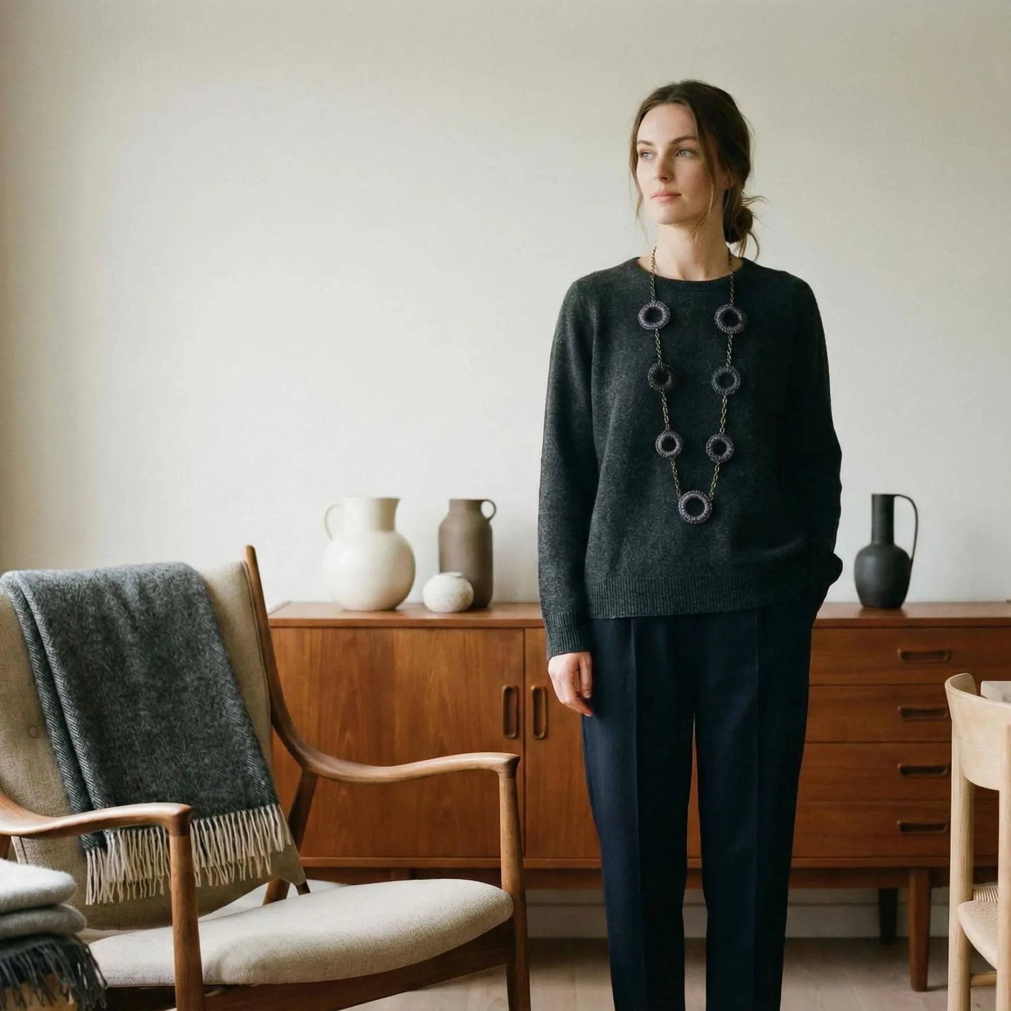 Young woman wearing a handcrafted charcoal ring necklace with sculptural pendant, contemporary jewellery